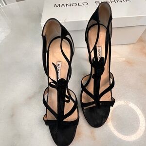 Vintage Manolo Blahnik Black Strappy Sandals Heels Elegant Designers Size 36.5